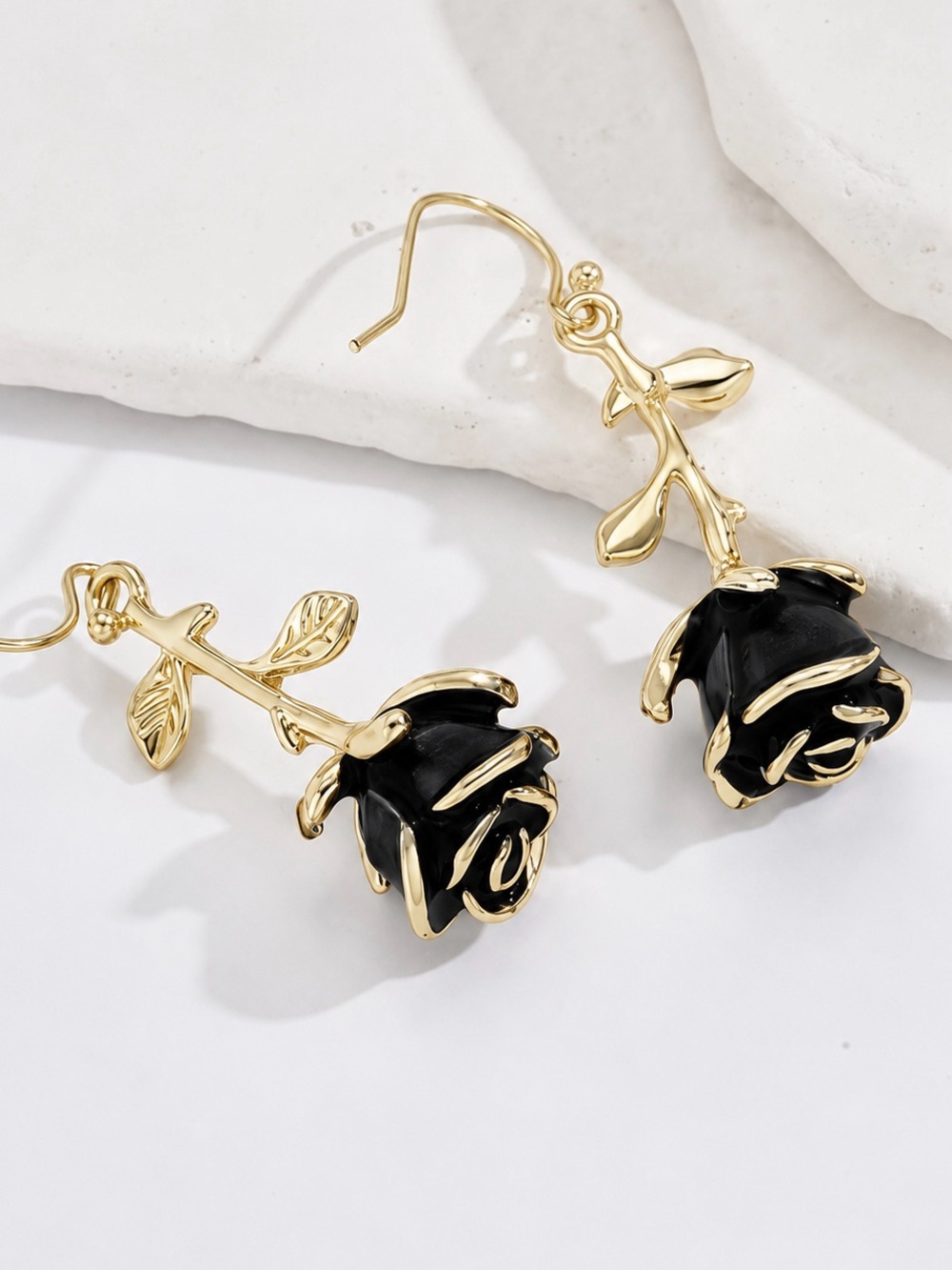 Gold & Black Rose Dangle Earrings  1.5” long